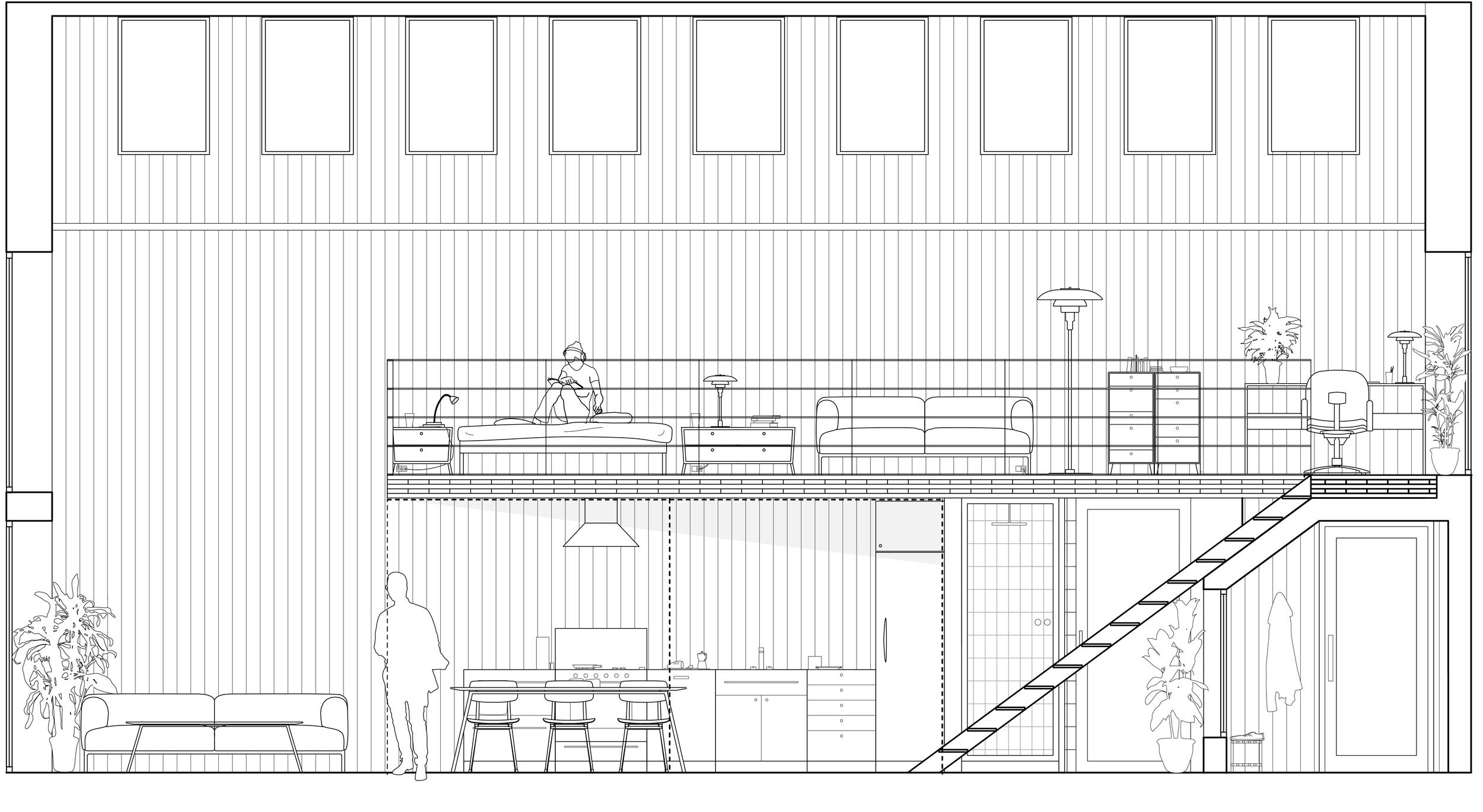 Tegning – moderne, åben lejlighed